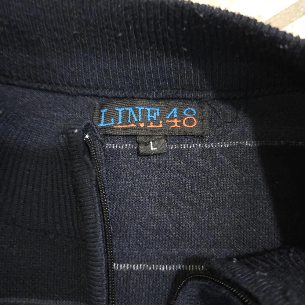Line 48 Mens Large Navy Blue White Stripe 1/4 Zip Mock Neck Sweater Preppy VTG - Picture 4 of 8
